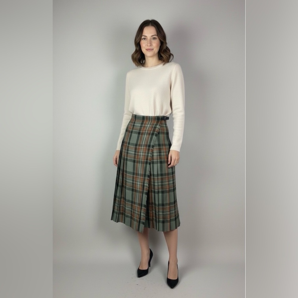 VTG Scottish Pure New Wool Plaid Pleated Skirt Kilt Tartan Sz 12 Or 25/26 Green